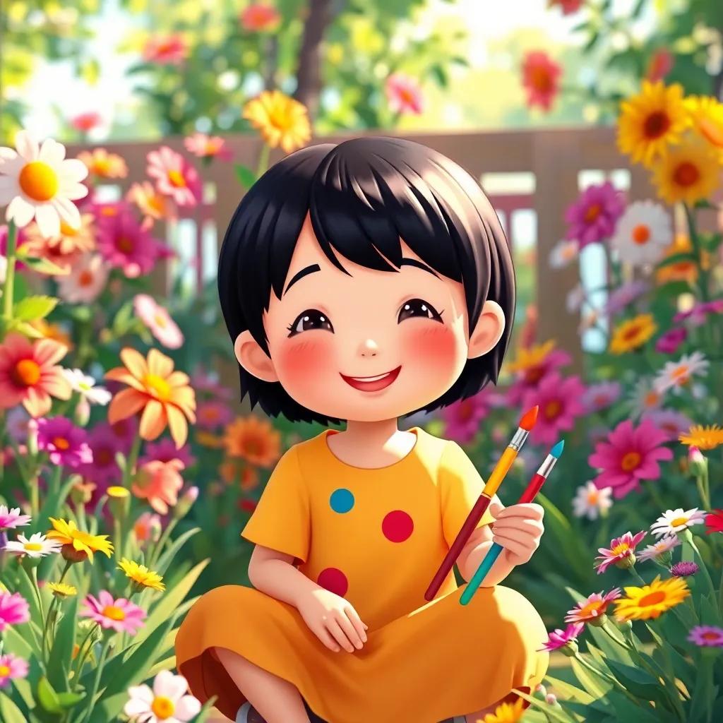 A cheerful young girl, ريمة, with a round face and short black hair, sitting in a colorful garden, surrounded by flowers and sunlight, holding bright paintbrushes and paints, vibrant colors, joyful atmosphere, high quality