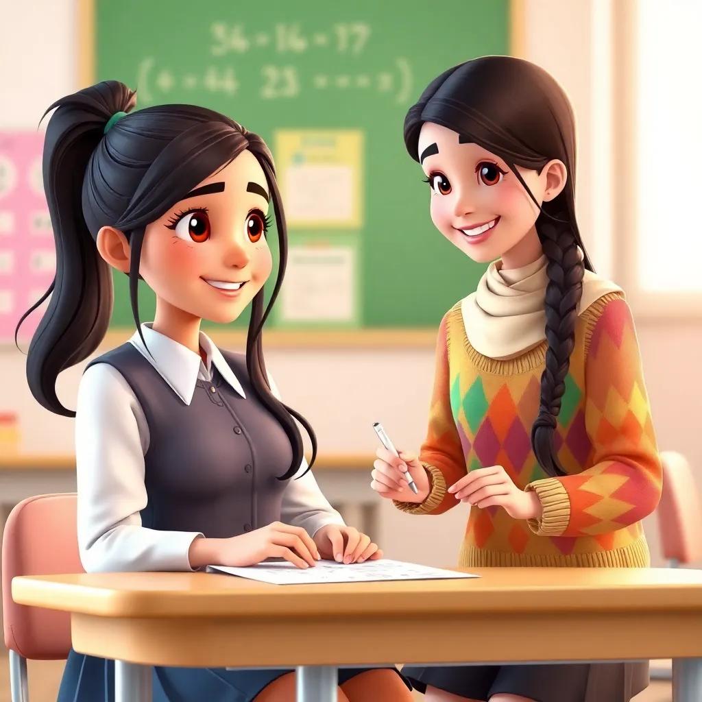 Reem, a young Arab girl, with dark hair in a ponytail, wearing a school uniform, sitting at her desk, while her friend Sarah, also an Arab girl with long hair and wearing a colorful sweater, smiles and helps her with math, cheerful and supportive, digital art, child-friendly, high quality