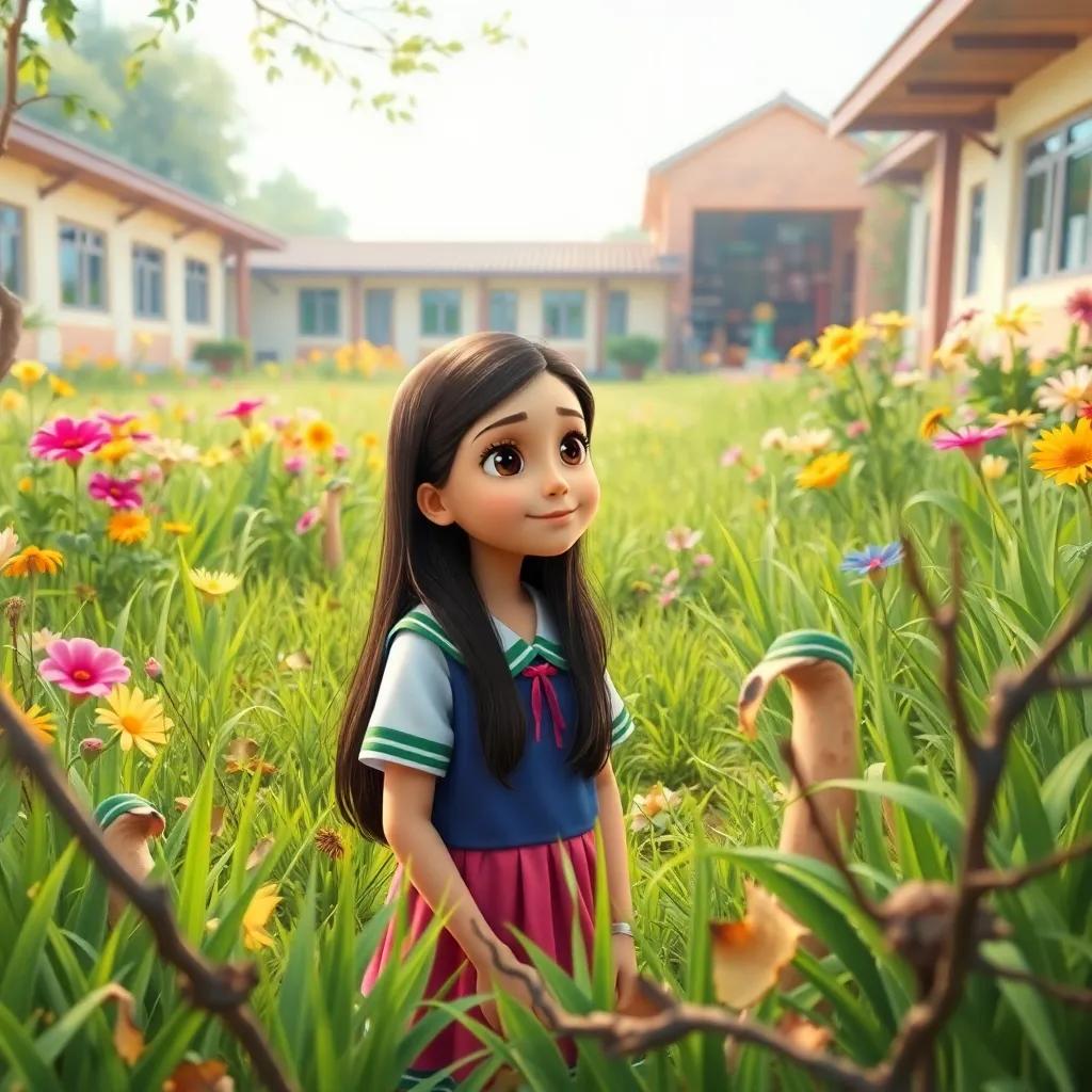 A vibrant school garden filled with green grass and colorful flowers, a young Arab girl, ريم, with long dark hair, wearing a colorful school uniform, looking thoughtfully at the garden filled with dry leaves and broken branches, bright daylight, cheerful atmosphere, high quality