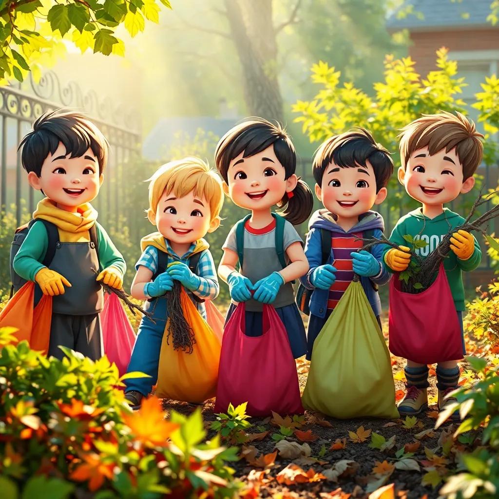 A group of happy children, including ريم, working together in the school garden, collecting leaves and branches with colorful bags and gloves, bright sunlight streaming down, joyful teamwork, colorful and lively scene, high quality