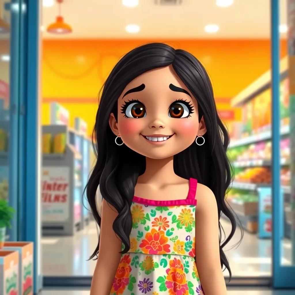 A young Arab girl, ريم, wearing a colorful dress and long, dark hair, smiling at the entrance of a bright supermarket, excited atmosphere, sunny day, digital art, cheerful colors, inviting scene, high quality