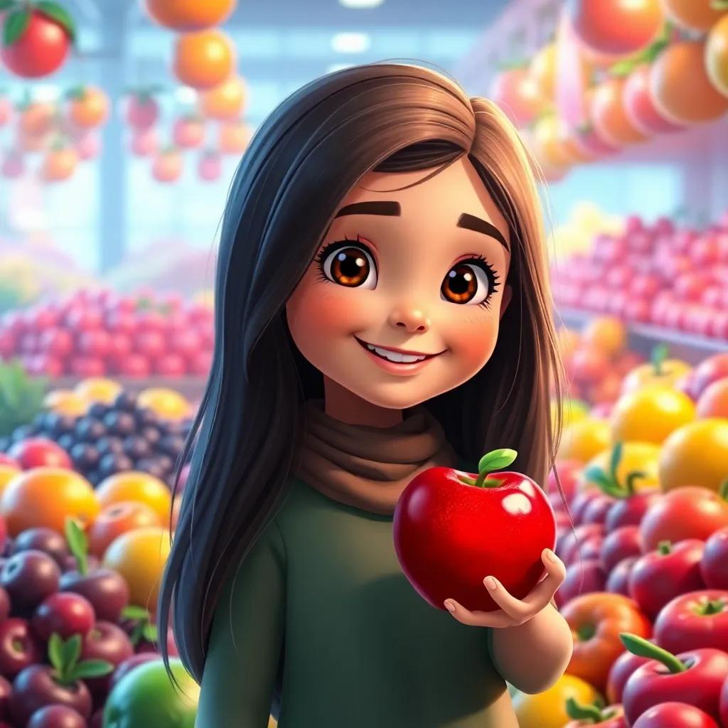 ريم, a young Arab girl, with long, dark hair, holding a shiny red apple in a vibrant fruit section, colorful fruits surrounding her, joyful expression, bright lighting, vibrant colors, child-friendly illustration, high quality