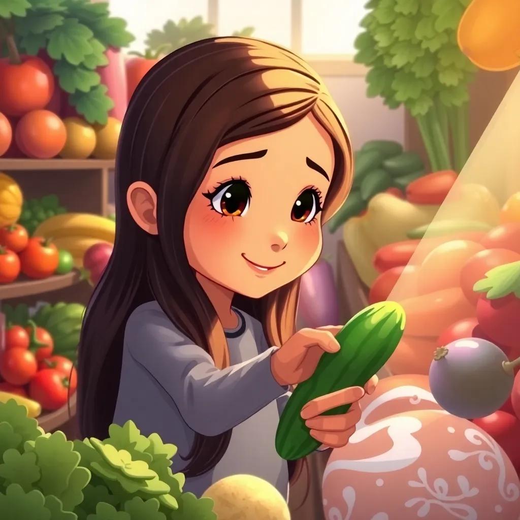 ريم, a young Arab girl, with long, dark hair, picking a green cucumber from a vegetable shelf, surrounded by fresh vegetables, focused and happy, detailed illustration, warm light, child-friendly, high quality