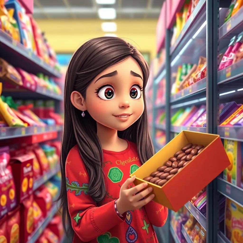ريم, a young Arab girl, with long, dark hair and colorful dress, gazing at a beautiful box of chocolates in the candy aisle, excited expression, colorful packaging, bright lighting, detailed and cheerful, high quality