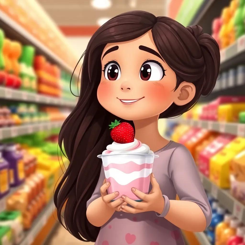 ريم, a young Arab girl, with long, dark hair, holding a strawberry yogurt in the dairy section, smiling and looking up, vibrant colors, bright and inviting atmosphere, detailed art, child-friendly, high quality