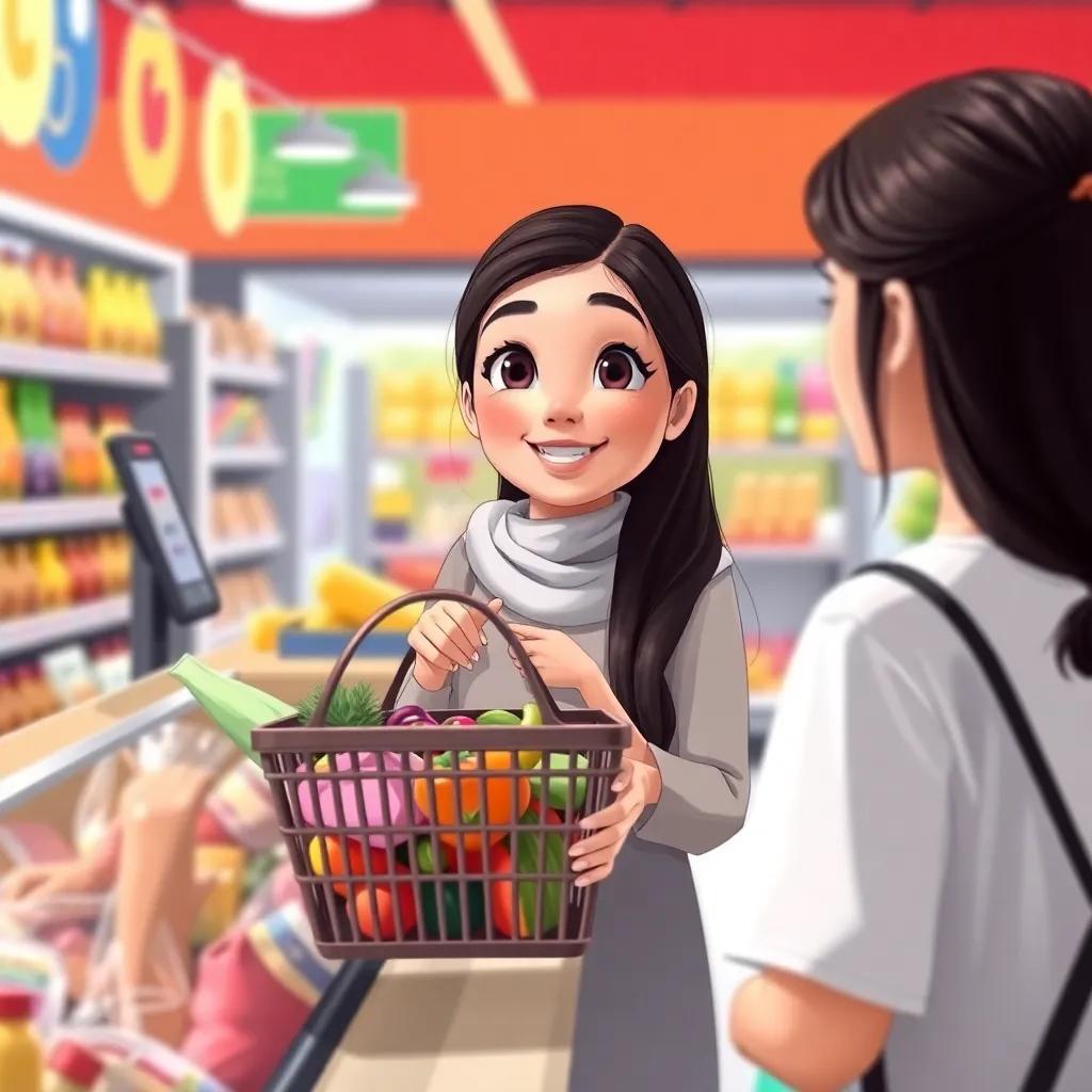ريم, a young Arab girl, with long, dark hair, standing at the checkout counter with a basket of groceries, smiling at the cashier, friendly interaction, colorful store background, bright and lively, high quality
