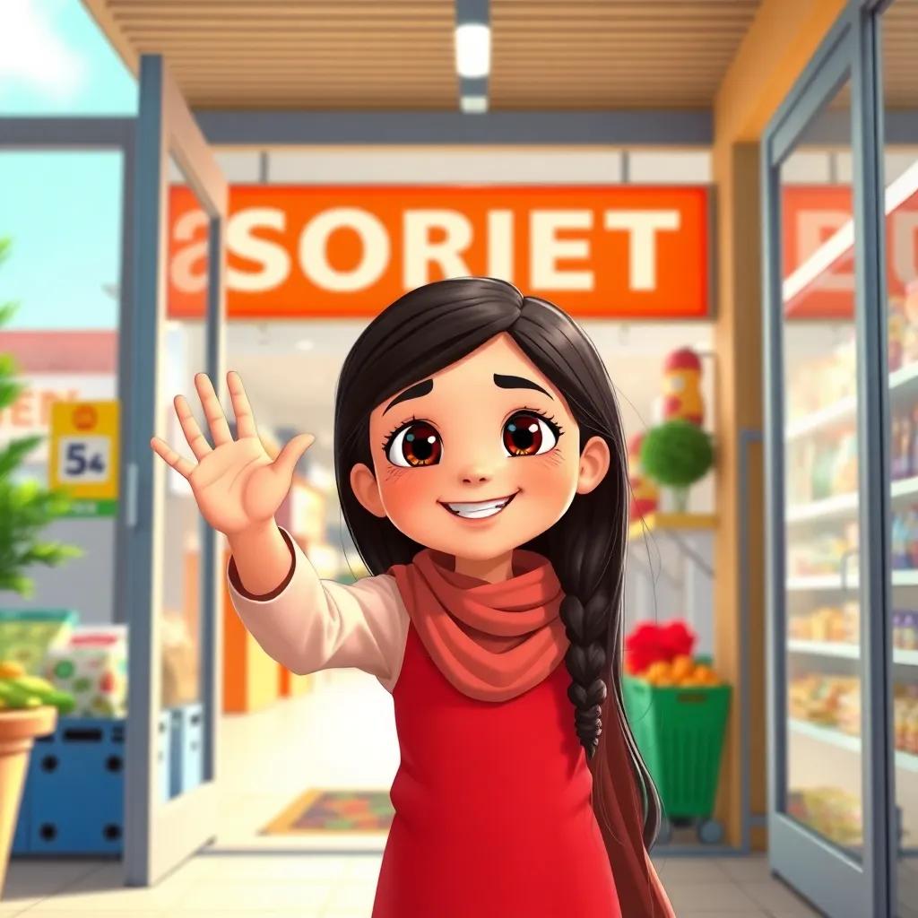 ريم, a young Arab girl, with long, dark hair, waving goodbye at the supermarket entrance, happy moment, bright sunlight and clear sky, cheerful expression, inviting scene, high quality