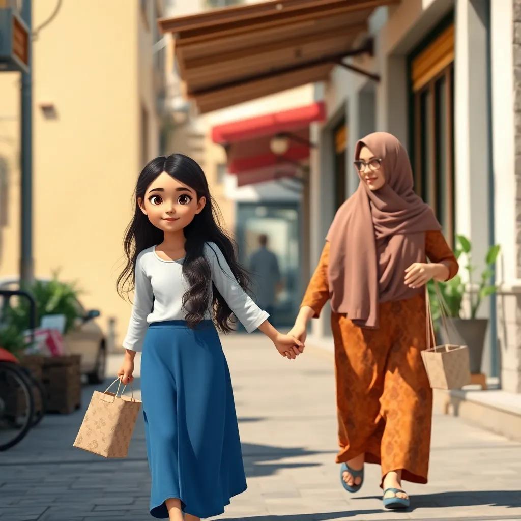 ريم, a young Arab girl, with long, dark hair, walking hand in hand with her mother in a sunny street, carrying groceries, playful atmosphere, light and colors, happy family moment, high quality
