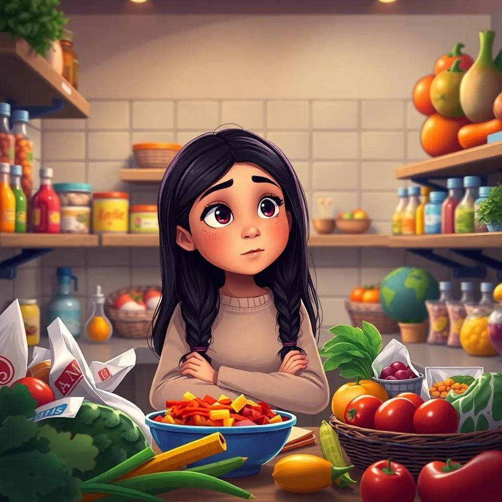 ريم, a young Arab girl, with long, dark hair, thinking about cooking in her home kitchen, surrounded by colorful ingredients from the supermarket, warm and inviting, storytelling view, high quality