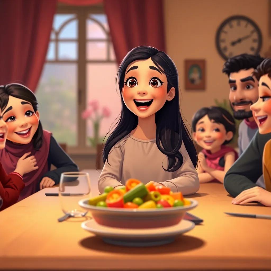 ريم, a young Arab girl with long, dark hair, sitting at the dining table with her family, excitedly sharing her shopping adventure, warm lighting, cozy atmosphere, joyful family moment, high quality