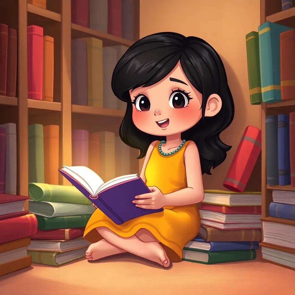 A young girl, Reem, with dark hair wearing a bright dress, sitting in a cozy library corner with books around her, reading with excitement, digital art, warm colors, inviting atmosphere, high quality