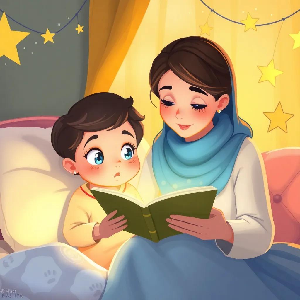 A mother reading a bedtime story to little Reem, who has wide eyes filled with wonder, in a softly lit room adorned with starry decorations, illustration, warm light, bright colors, fantasy