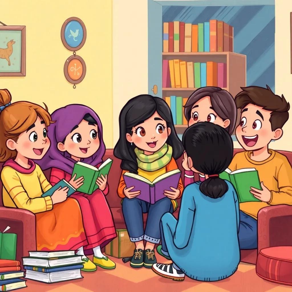 A vibrant scene of Reem sitting with her friends in a reading club, engaged in lively discussion about books with excited expressions, illustration, colorful, friendly atmosphere, high quality