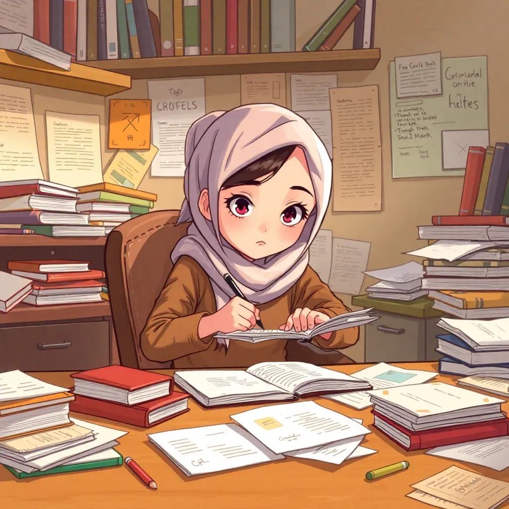 Reem sitting at her desk, writing intently with a determined look, surrounded by scattered papers and books, digital art, creative workspace, warm colors, focused atmosphere, high quality