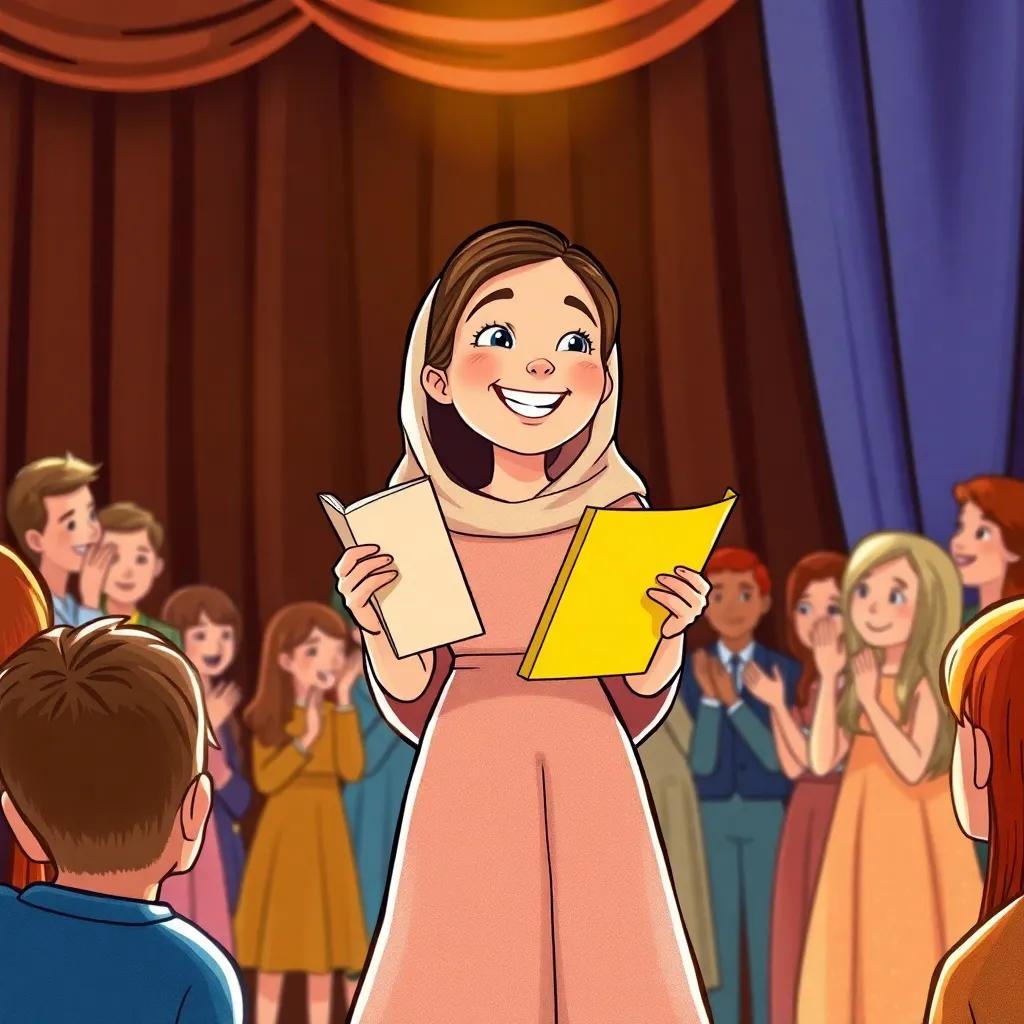 Reem receiving an award onstage at a literary competition, smiling joyfully amidst applause, wearing a lovely dress and holding her story in hand, illustration, bright lights, celebration, high quality