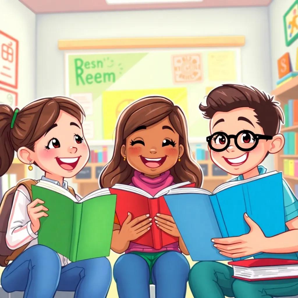 Reem with friends, smiling and discussing books with animated expressions in a vibrant school setting, illustration, lively, colorful, joyful atmosphere, high quality