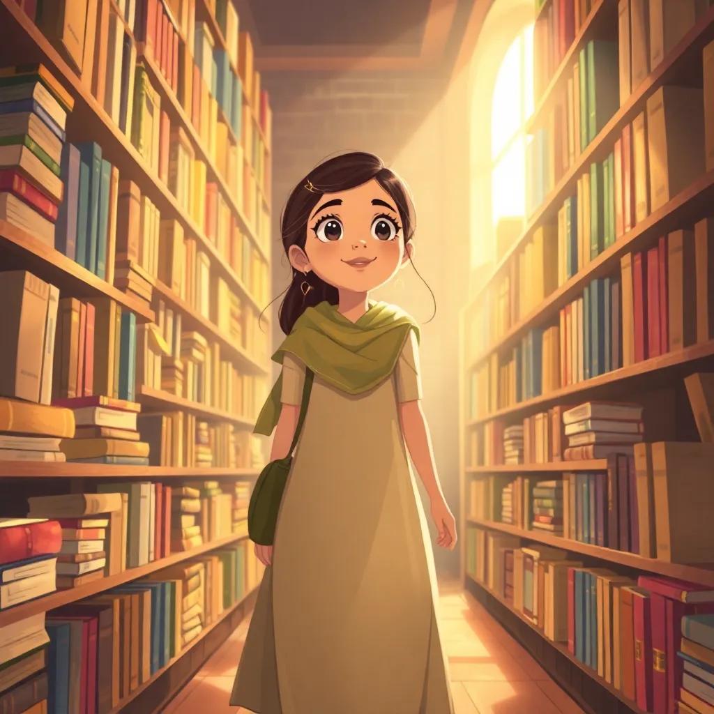 Reem walking through a library, light shining on her inspired face, surrounded by shelves of books, capturing the joy of discovering new worlds, digital art, warm colors, immersive atmosphere, high quality