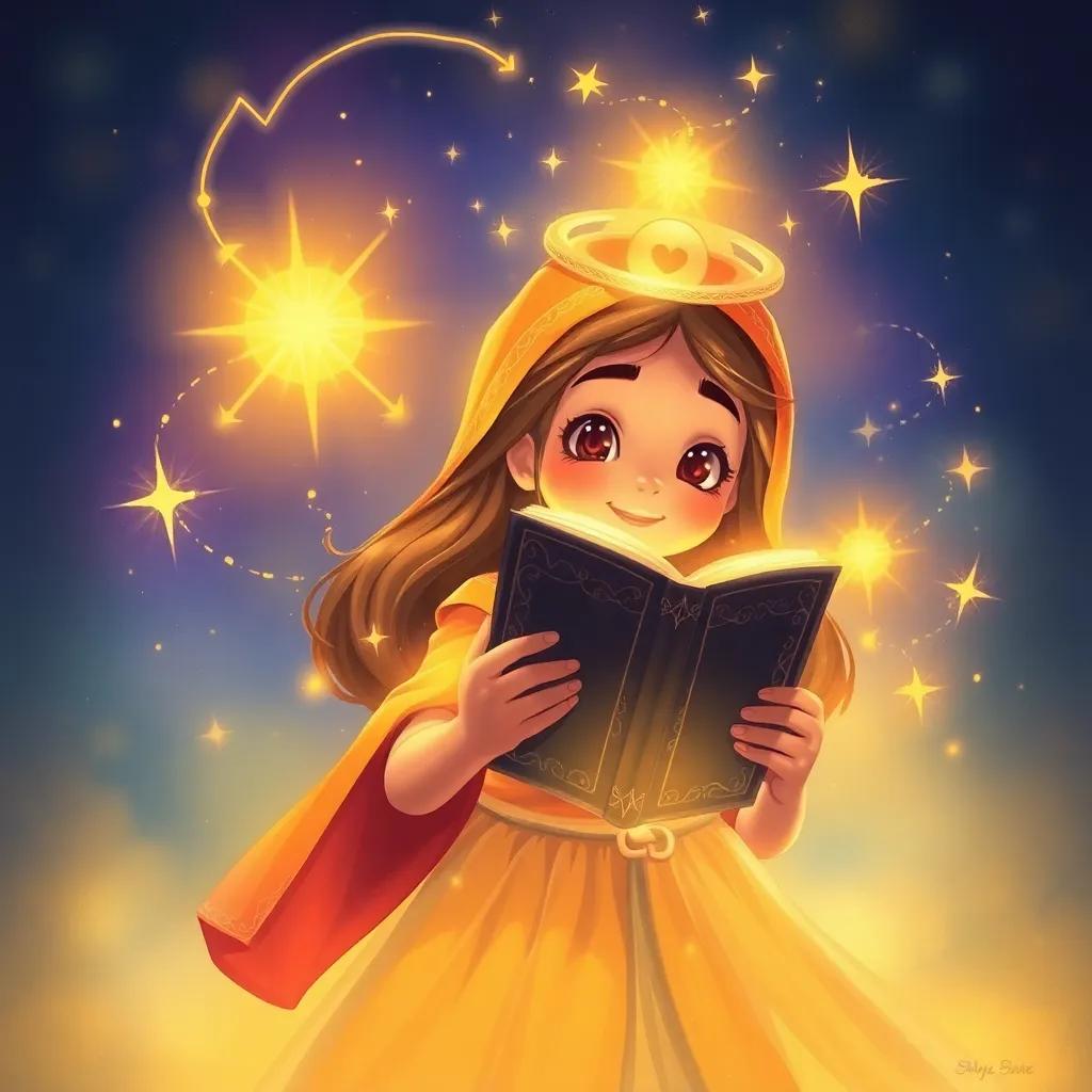 A magical scene where Reem holds a glowing book with sparkling lights swirling around her, symbolizing endless possibilities, digital art, magical atmosphere, rich colors, high quality