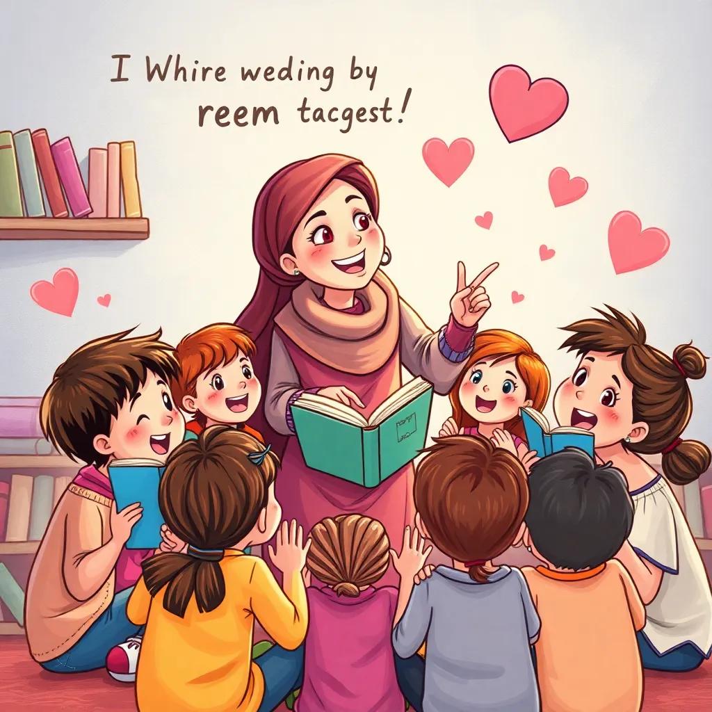 Reem inspiring a group of kids, passionately sharing her love for reading and writing, with books in their hands and excited expressions, illustration, lively environment, colorful, heartwarming, high quality