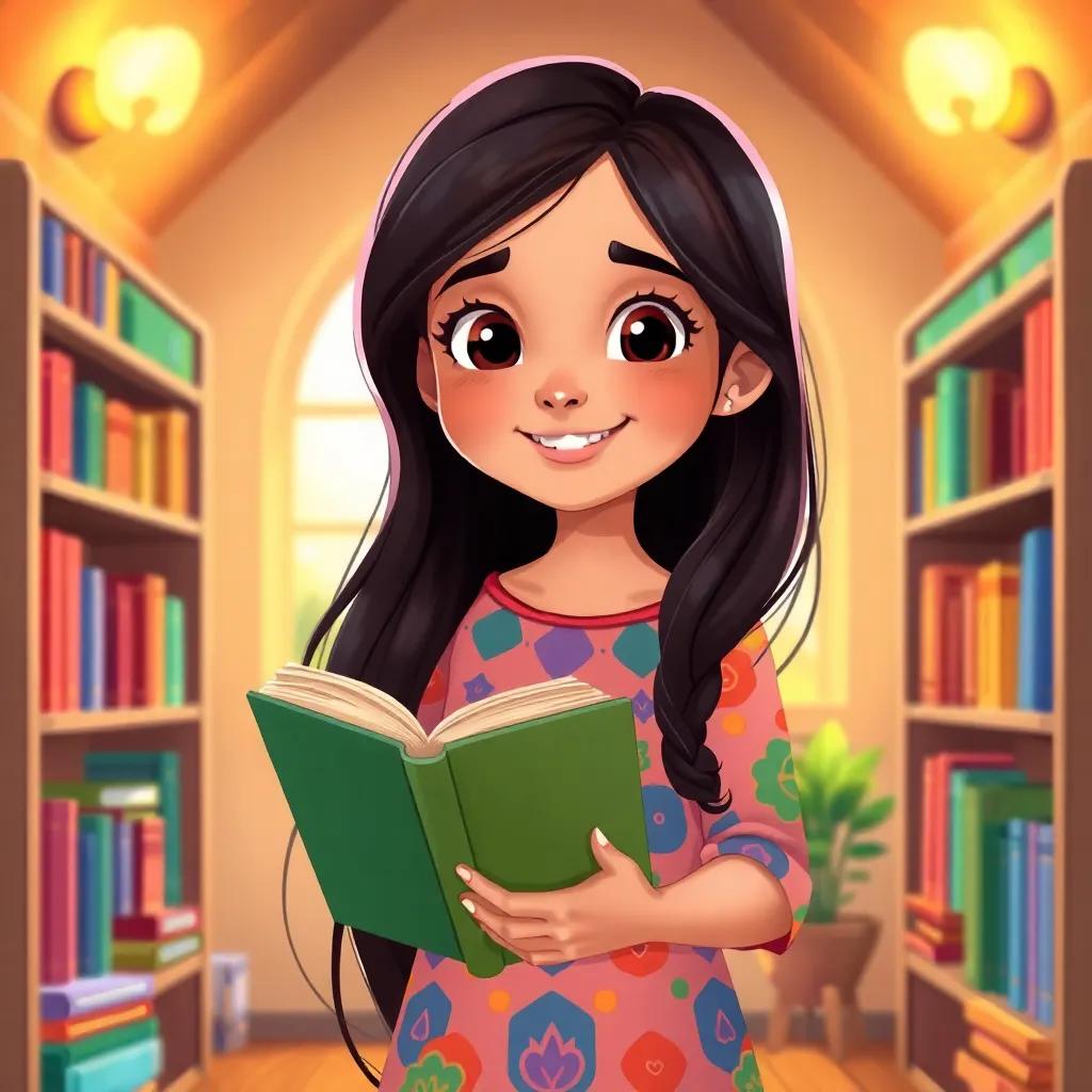 A young Arab girl, ريم, with long, dark hair wearing a colorful dress, smiling while holding a book in a cozy room filled with bookshelves, warm light, inviting atmosphere, digital art, vibrant colors, high quality