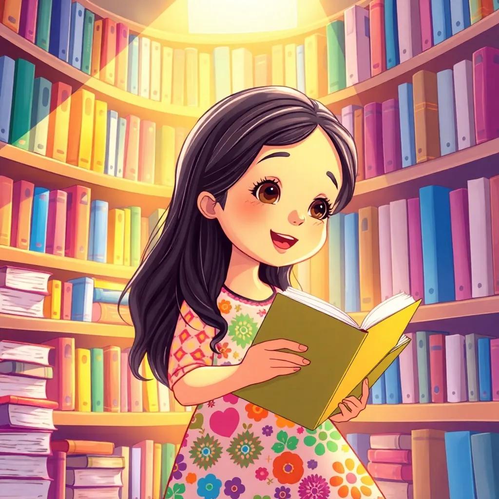 A dazzling bookshelf filled with colorful books, with ريم, a young Arab girl with long, dark hair in a colorful dress, looking excitedly at a new book, bright sunlight, warm tones, high detail