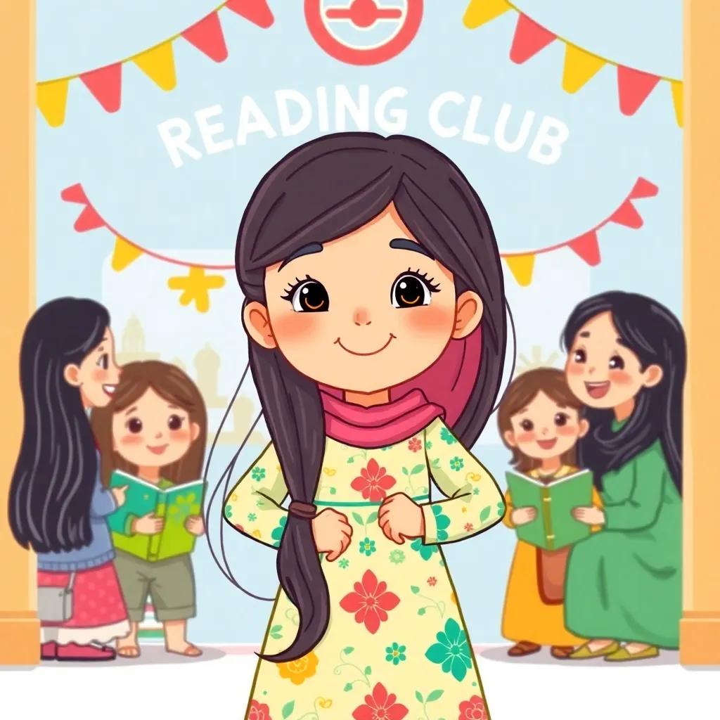 ريم, a young Arab girl with long, dark hair in a colorful dress, standing proudly in front of her reading club with friends, colorful decorations, happy expressions, cheerful scene, illustration, child-friendly