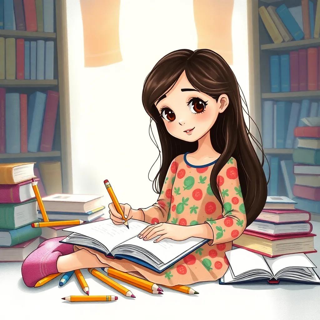 ريم, a young Arab girl with long, dark hair, wearing a colorful dress, writing in a notebook with pencils scattered around her, surrounded by books, creative atmosphere, bright light, inviting perspective
