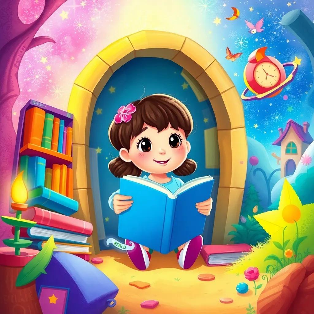 A magical scene showing ريم's story, with a girl entering a colorful world of books and adventures, vibrant colors, whimsical setting, illustrating imagination, digital art, high quality
