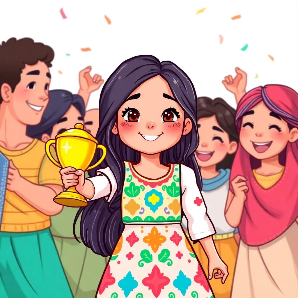 ريم, a young Arab girl with long, dark hair in a colorful dress, holding a trophy and smiling, surrounded by friends celebrating, bright colors, joyful atmosphere, high detail