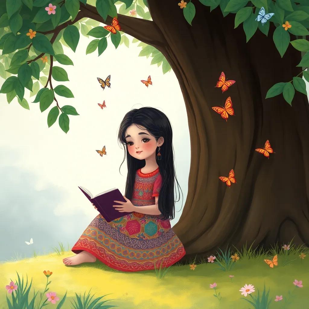 A serene scene of ريم, a young Arab girl with long, dark hair in a colorful dress, reading a book under a tree, surrounded by butterflies, peaceful and magical ambience, soft colors, illustration