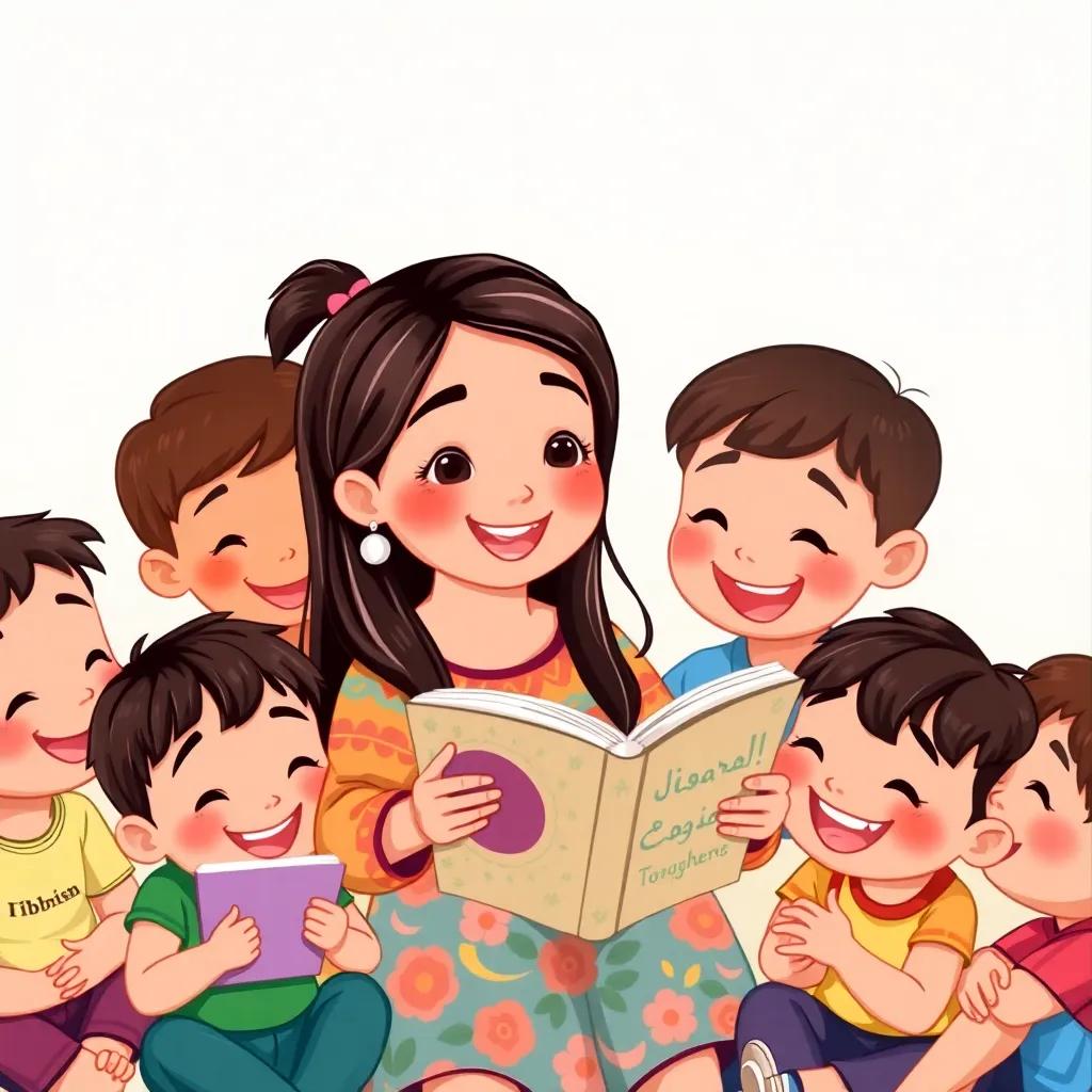 A joyful gathering of children reading together, with ريم, a young Arab girl with long, dark hair in a colorful dress, sharing her favorite book, cheerful and lively scene, bright colors, digital art, high quality