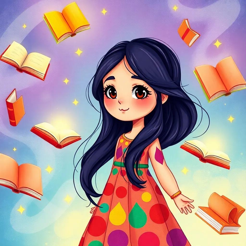 A whimsical illustration of ريم, a young Arab girl with long, dark hair in a colorful dress, surrounded by floating books and sparkles, symbolizing imagination and adventure, vibrant colors, dreamlike atmosphere.