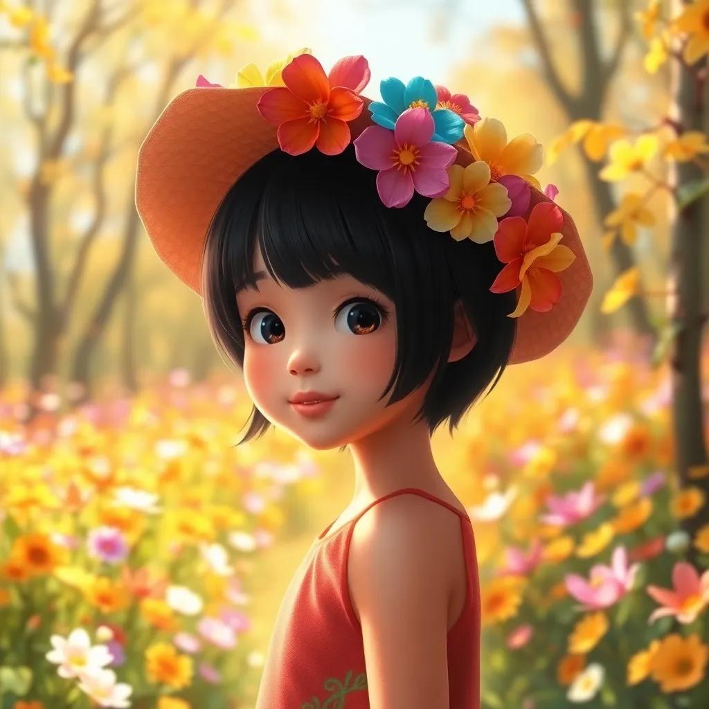 A young girl, ر, with short black hair, wearing a colorful flower hat, standing in a bright sunny forest filled with vibrant flowers, digital art, cheerful atmosphere, warm colors, high quality
