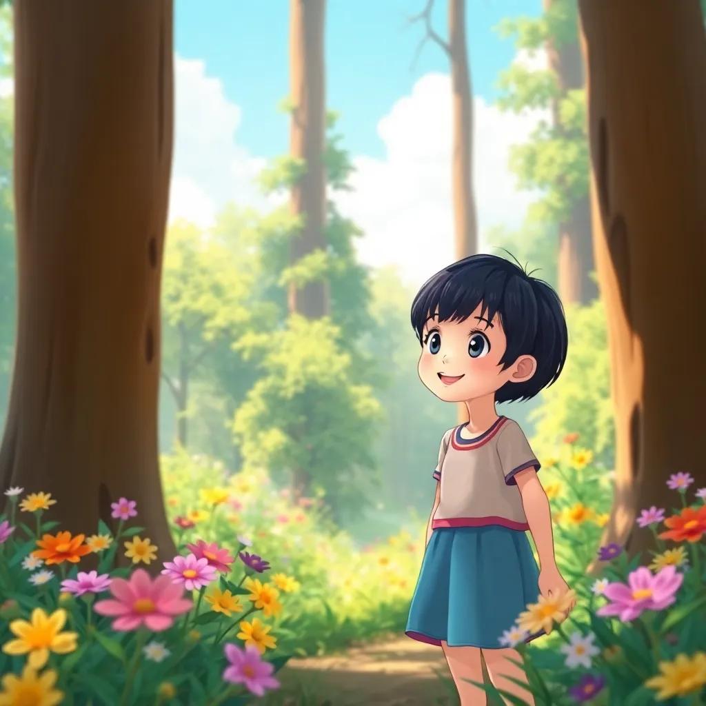  ر, a young girl with short black hair, surrounded by tall trees and colorful flowers, amazed and smiling, standing in a sunny clearing, illustration, enchanting scene, child-friendly