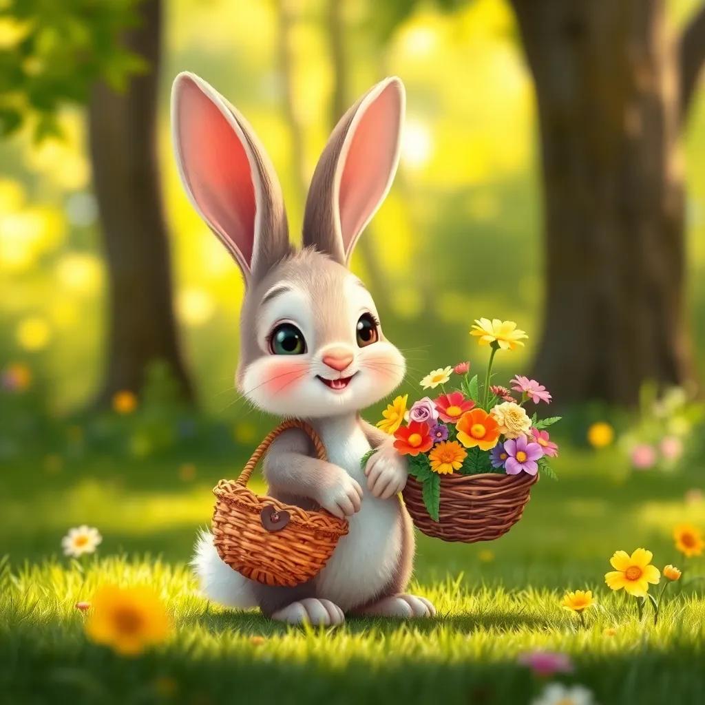 A tiny rabbit, with big ears and fluffy tail, holding a basket filled with colorful flowers, looking at ر, who is smiling, in a sunny forest clearing, adorable style, high resolution