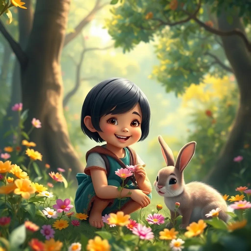  ر, a young girl, with short black hair, smiling joyfully, and a rabbit beside her, collecting flowers in a vibrant forest, magical atmosphere, bright colors, detailed scene