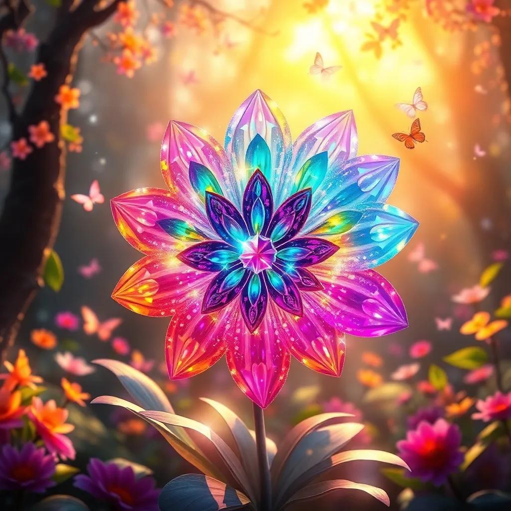 A colorful flower shimmering like jewels, surrounded by the enchanted forest, glowing softly under the sunlight, with butterflies dancing around, fantasy style, radiant colors, vibrant details