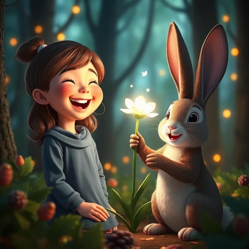  ر, a young girl, laughing in delight, and a rabbit smiling beside her, holding a magical flower as it lights up the forest, in a festive atmosphere, warm glow, inviting scene