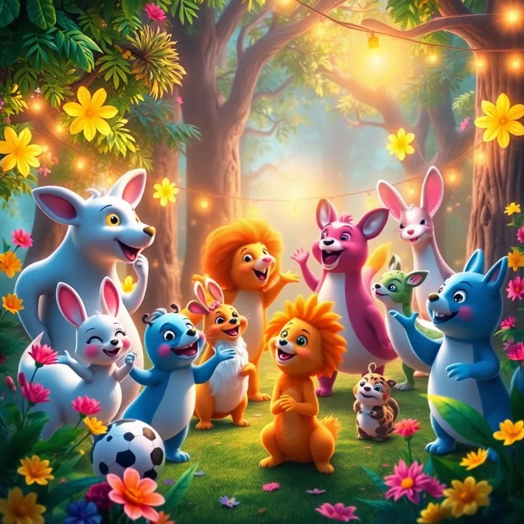 A vibrant forest party with various animals dancing around, decorated with colorful flowers and golden lights, joyful atmosphere, beautiful scenery, bright colors