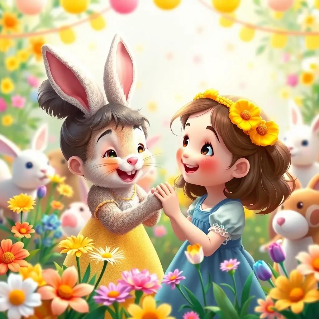  ر, a young girl, joyfully being thanked by a rabbit at a lively animal party surrounded by colorful flowers, high quality, heartwarming scene