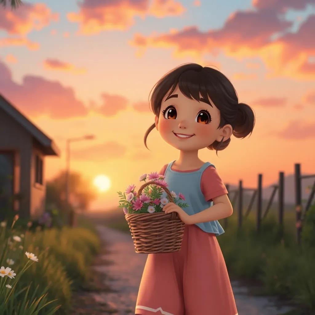  ر, a young girl, smiling happily as she walks home with a basket of flowers, sunset light casting warmth over her, peaceful atmosphere, vibrant sky, nostalgic feeling