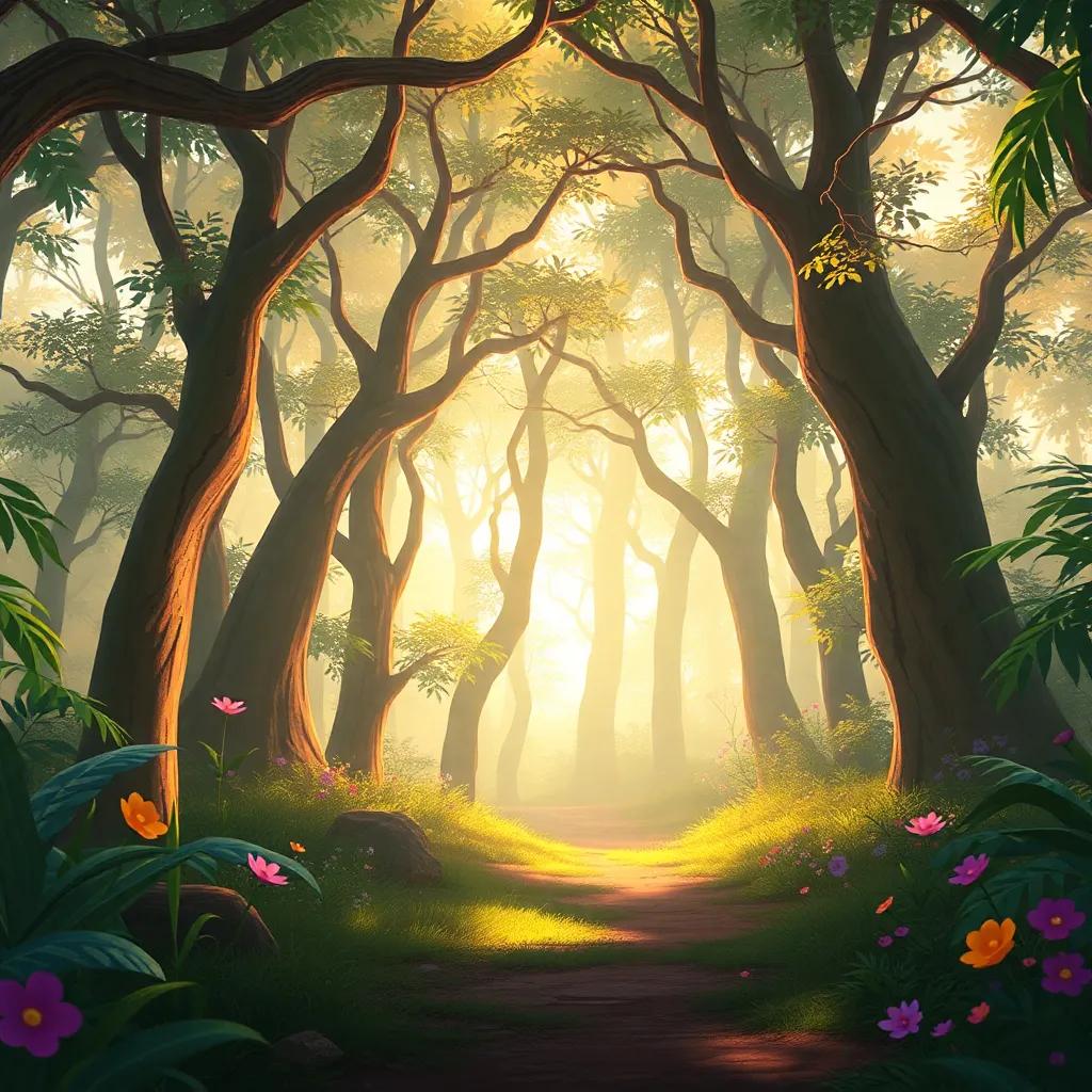The bright forest behind ر, with a sense of adventure and happiness lingering, magical elements, inviting, child-friendly, warm colors