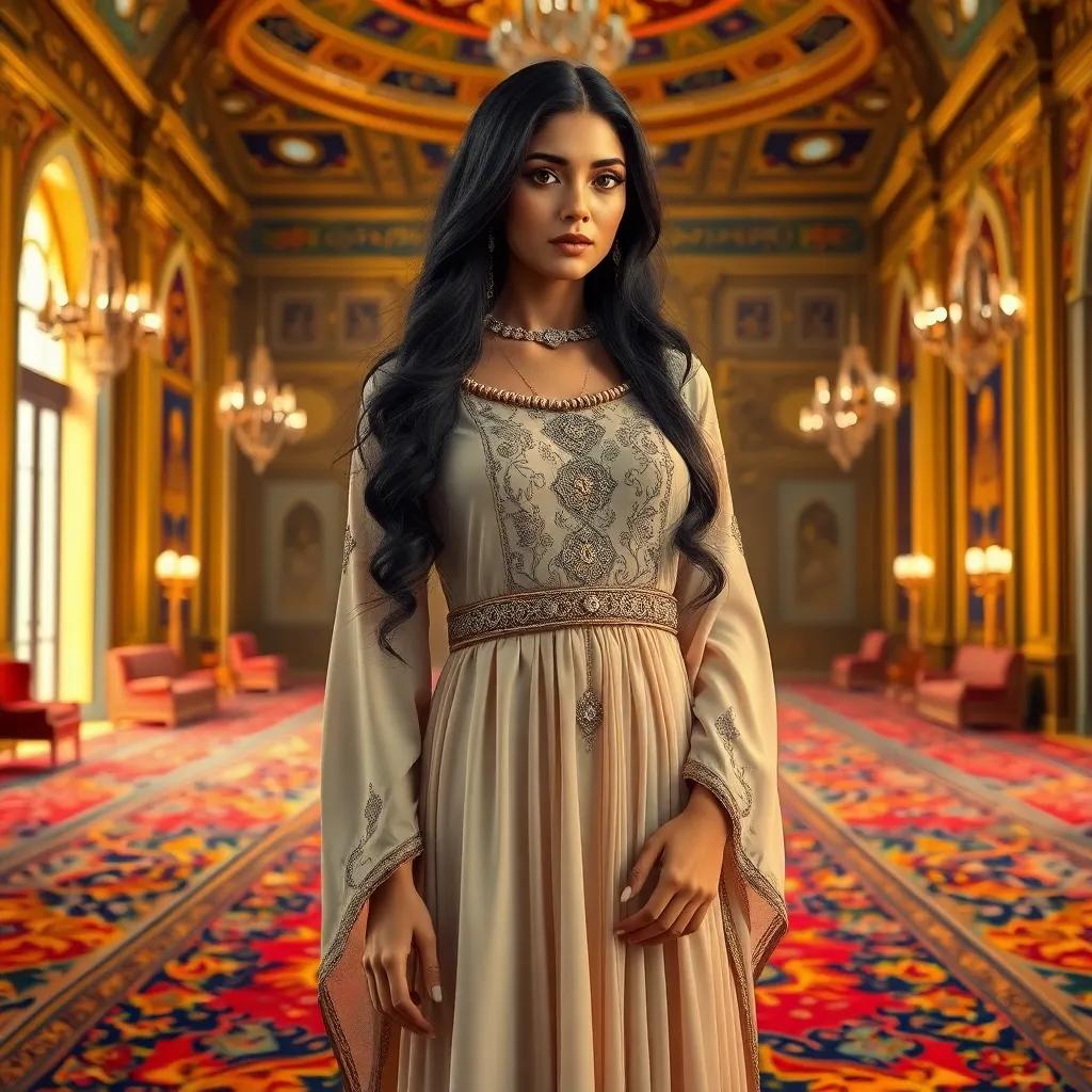 A young Arab woman, Zubaida, with long dark hair wearing an elegant flowing dress, confidently standing in a grand palace room with colorful Persian carpets and intricate decorations, exuding grace and wisdom, detailed digital art, vivid colors, warm and inviting atmosphere, high quality