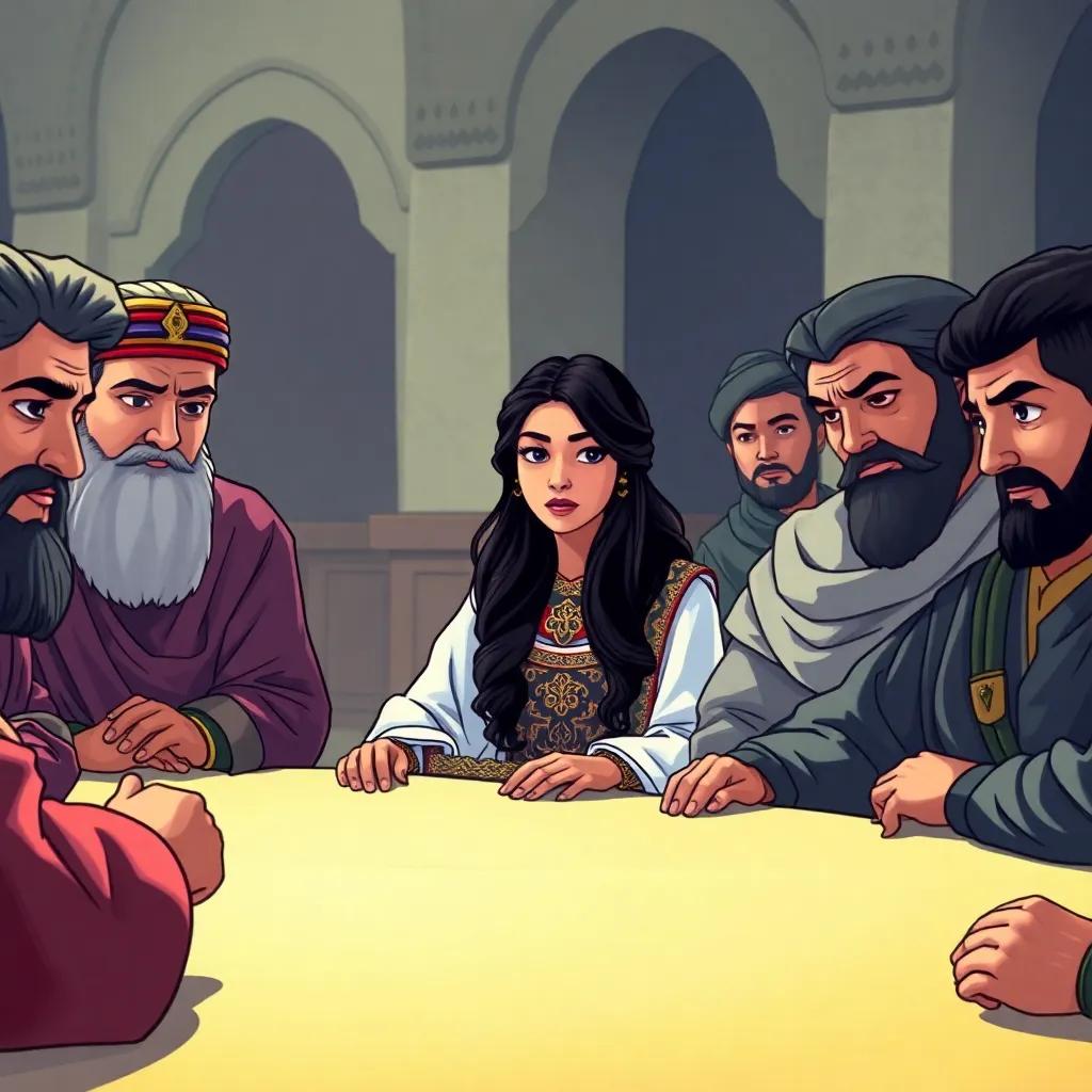 A scene showing Zubaida, a young Arab woman with long dark hair in an elegant dress, sitting at a table with Harun Al-Rashid, surrounded by advisors, discussing state matters with focus and determination, illustration, vibrant colors, engaging atmosphere, high quality