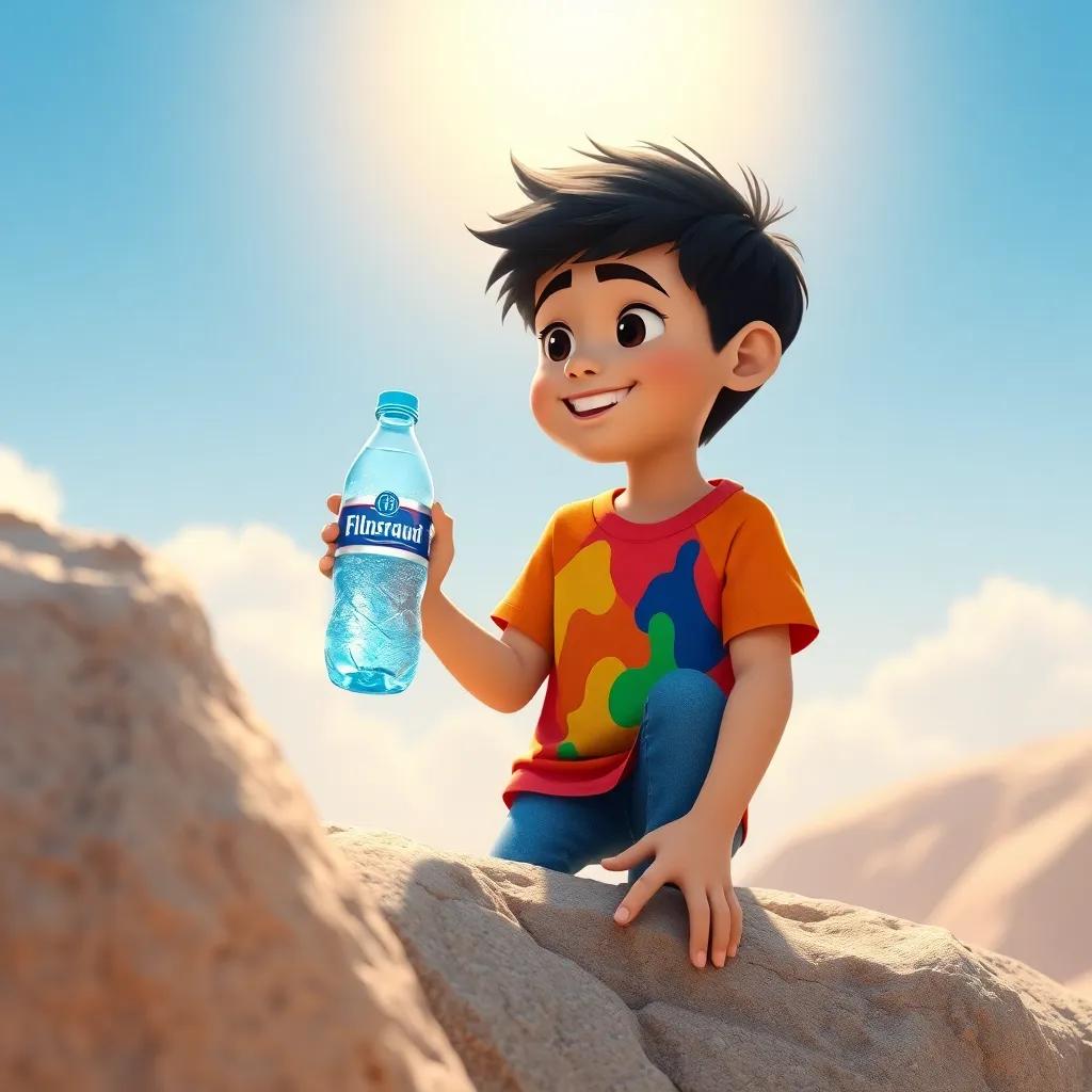 A young Arab boy, Sami, with short black hair wearing a colorful t-shirt and jeans, looking happily at an ice-cold water bottle on a big rock under the sun, digital art, bright colors, cheerful atmosphere, inviting perspective, high quality