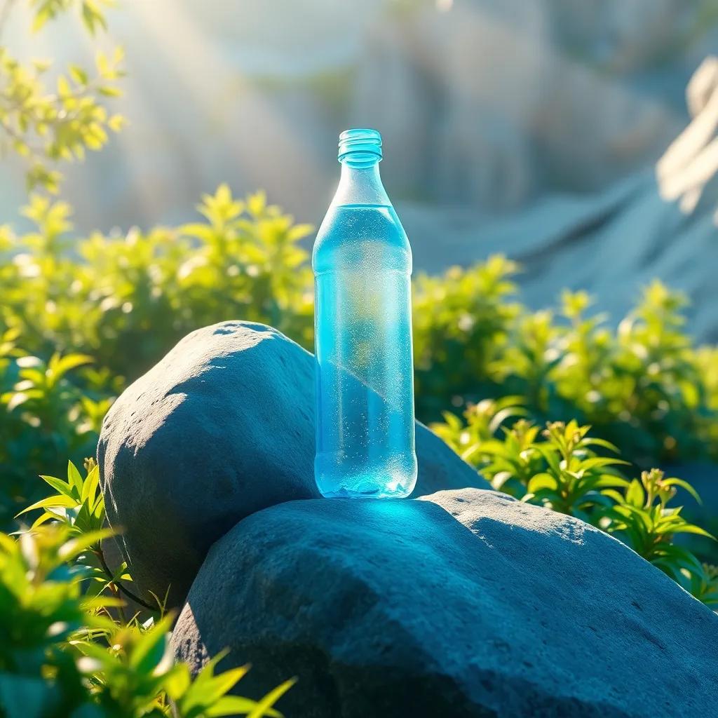 A beautiful ice-cold water bottle, sitting on a large rock surrounded by greenery, with sunlight shining on it, soft and warm light, vibrant colors, detailed illustration, nature theme, high quality