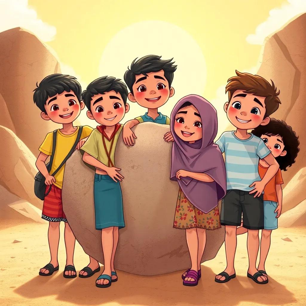 A group of children, including Leila and Ahmed, gathered around the rock, smiling, wearing casual summer clothes, with bright sun shining, warm colors, joyful expression, detailed illustration, high quality