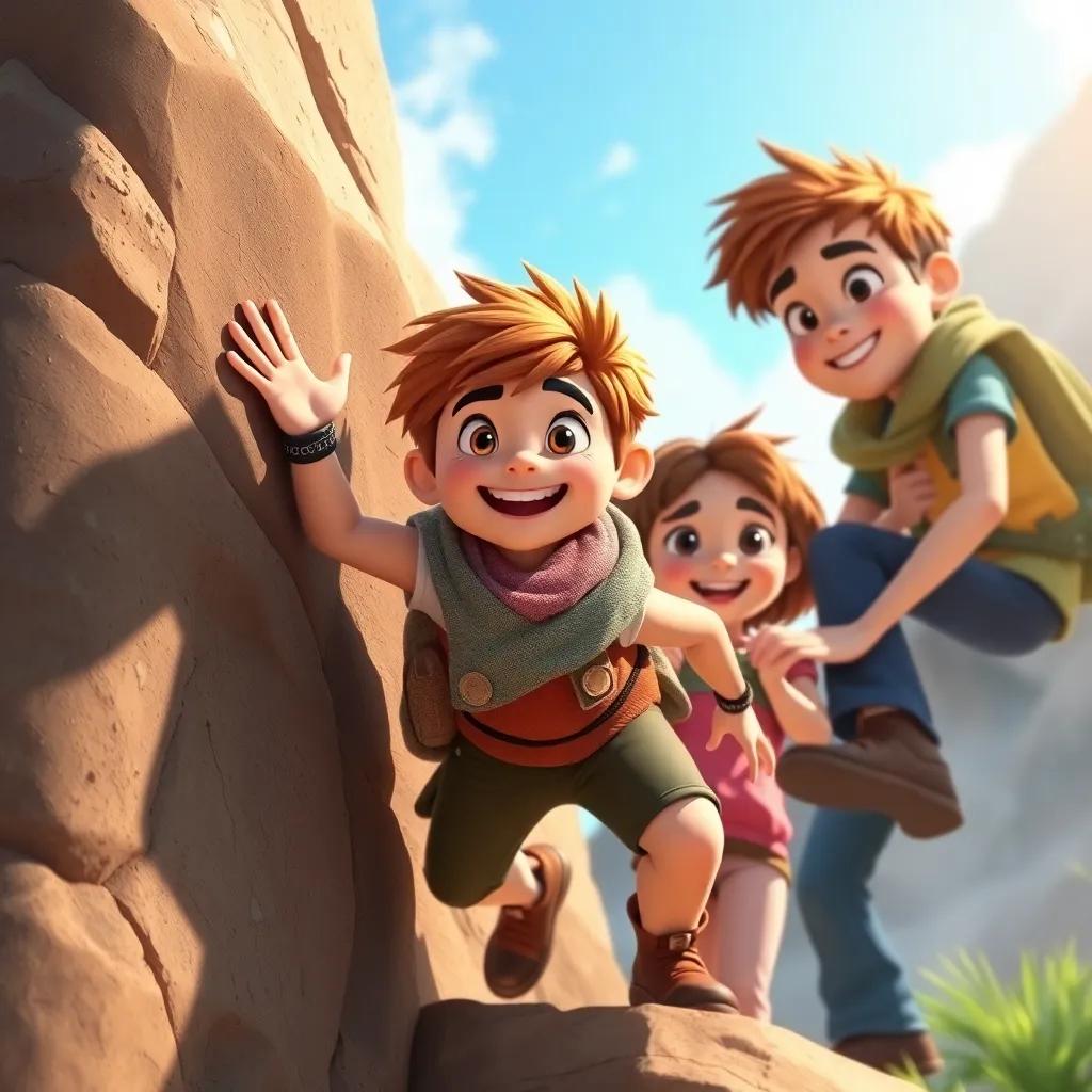 Sami holding the slippery rock carefully, with his friends helping him, smiling faces, outdoor adventure scene, nature light, rich colors, high quality, detailed art