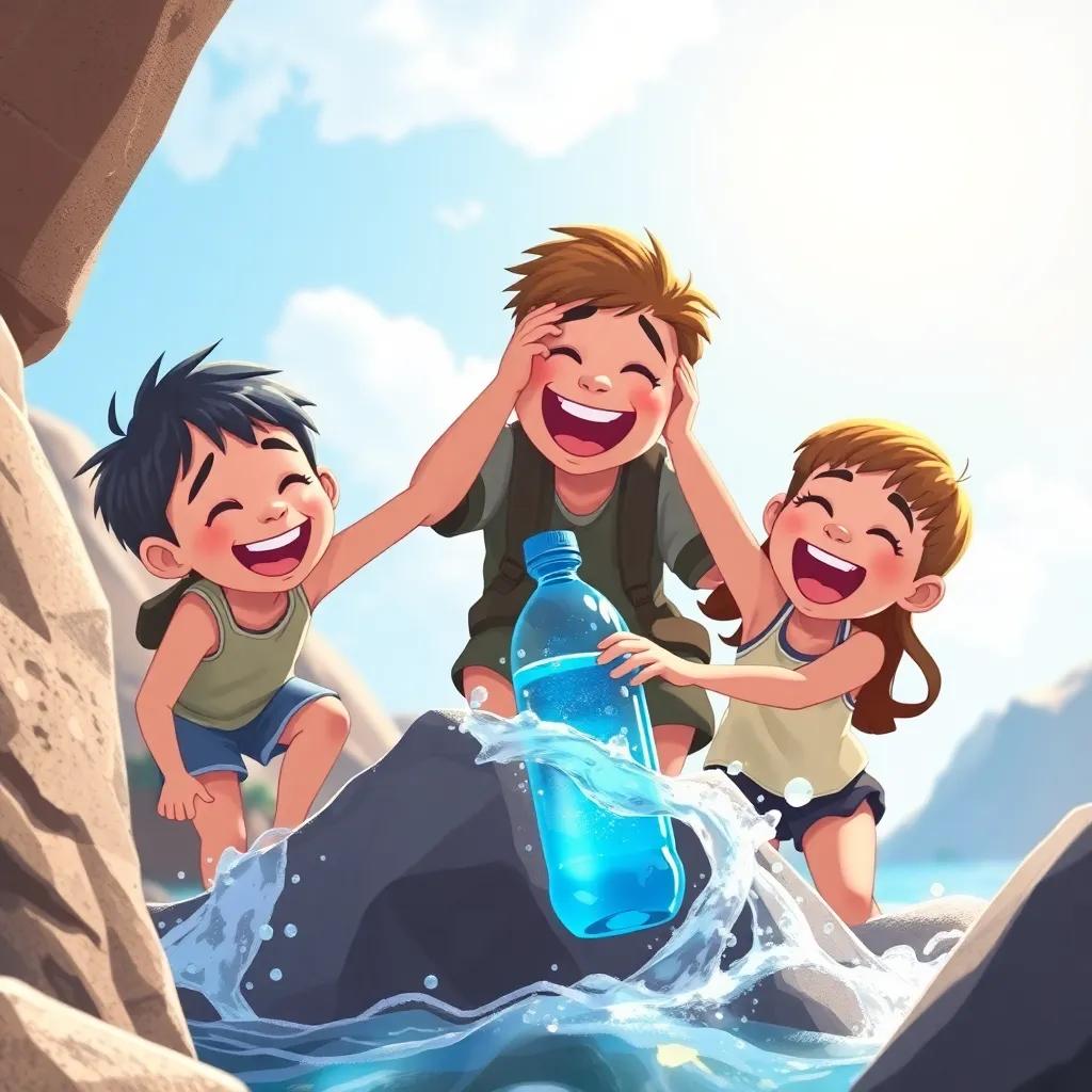 The moment they successfully pull the water bottle from the rock, laughter and excitement on their faces, bright sunlight, cheerful mood, high quality illustration