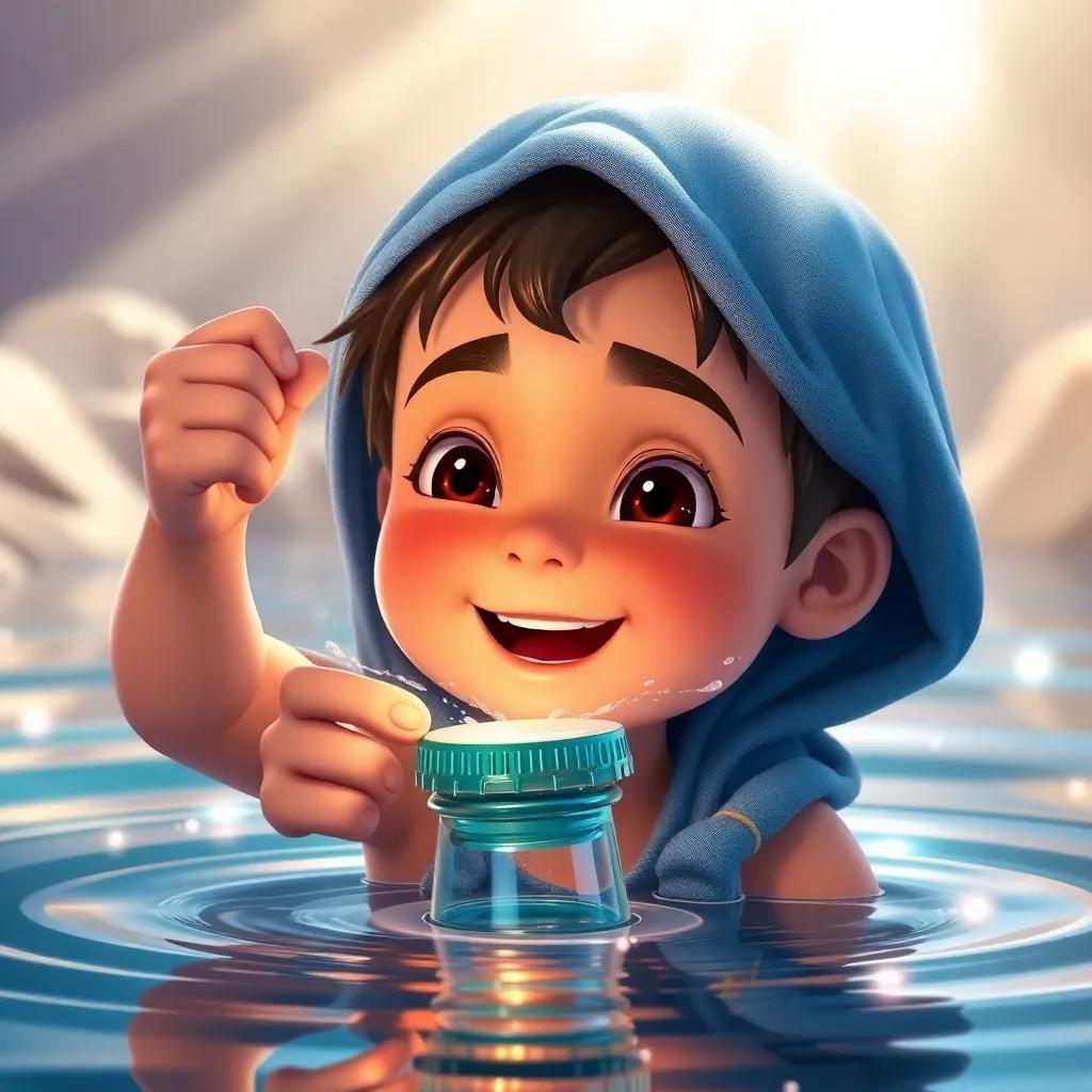 Sami opening the bottle cap slowly, with excitement on his face, rays of sunlight reflecting on the water, vibrant colors, child-friendly, high quality